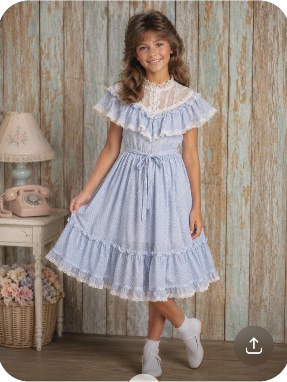 VTG Gunne Sax  Light Blue Polka Dot Lace Ruffle Dress Size 10 Kids